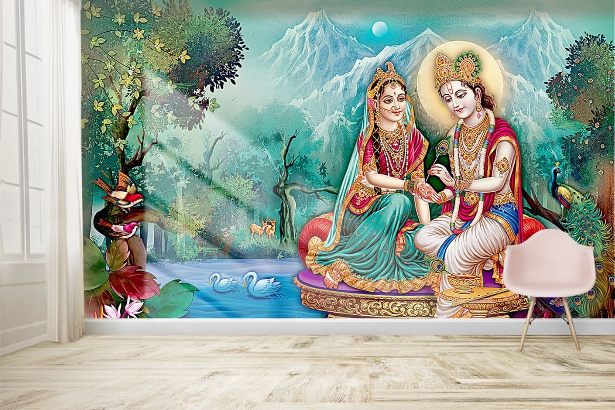 Divine Radha Krishna Mural Wallpaper shown in a room
