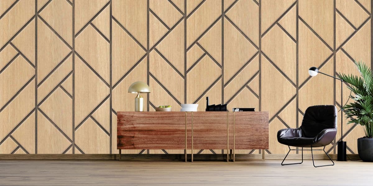 Modern Wooden Panel Triangle Pattern Design Wallpaper shown in a room