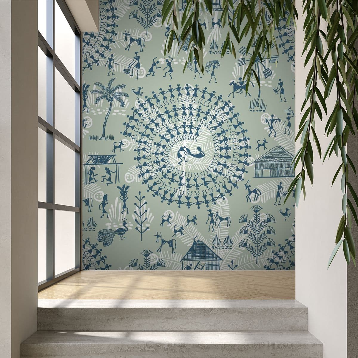 Blue Warli Tribal Art Wallpaper Warli Dance shown in a room