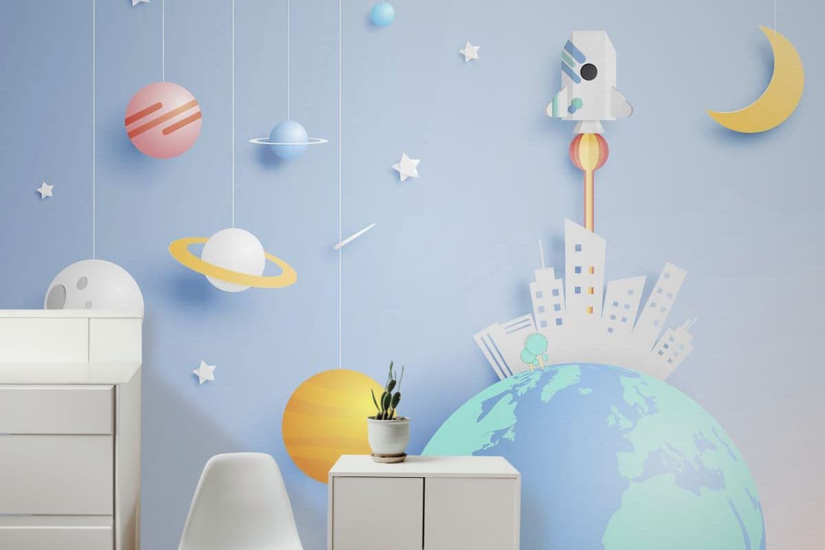 Scandinavian Galaxy Kids Wallpaper shown in a room