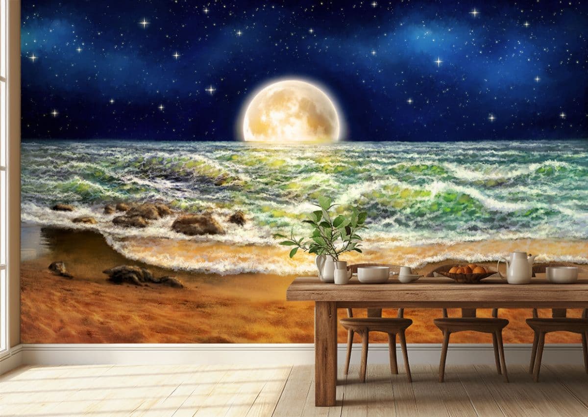 3D Moon Over The Ocean Wallpaper for Wall shown in a room