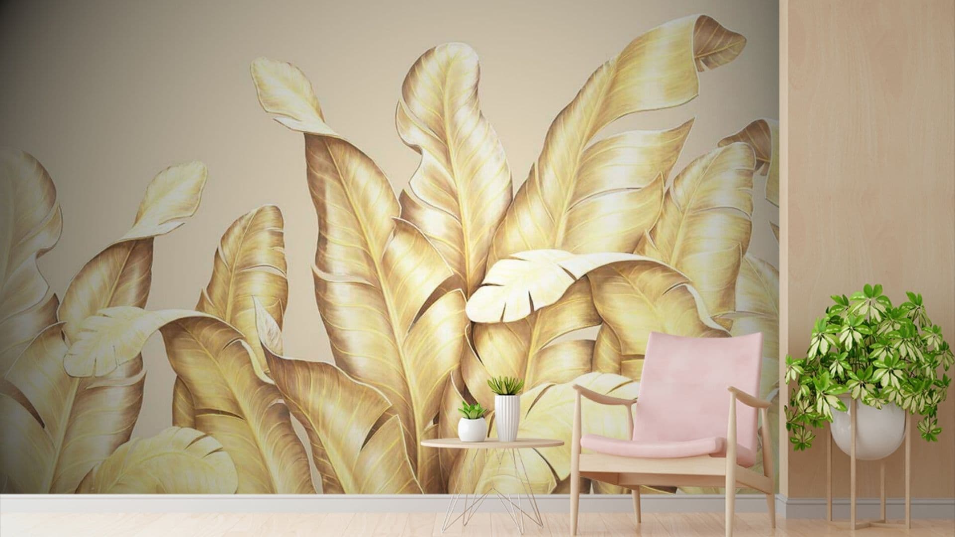 Modern Golden Botanical Wall Decor Wallpaper shown in a room