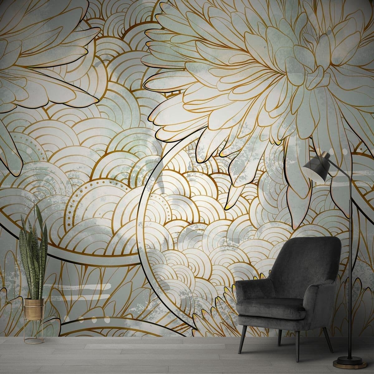 Gold Wallpaper Living Room, Pooja Room shown in a room