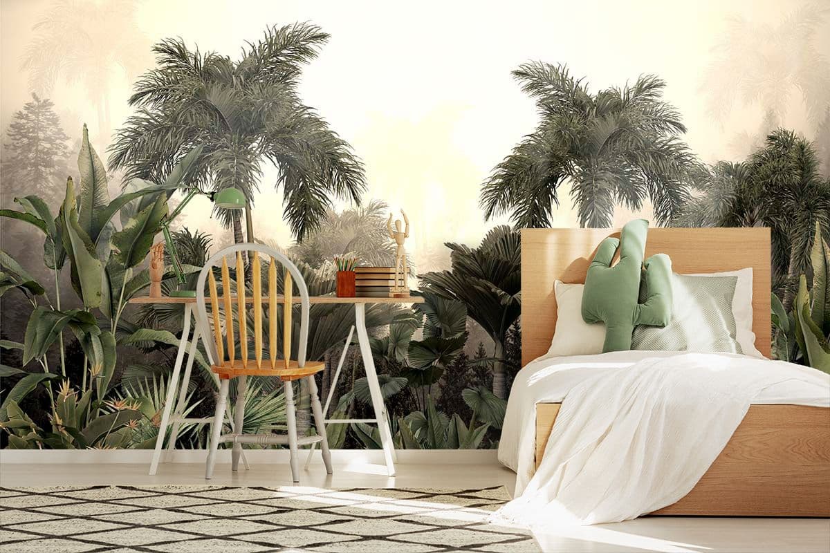 Serene Tropical Forest Palm Wallpaper shown in a room