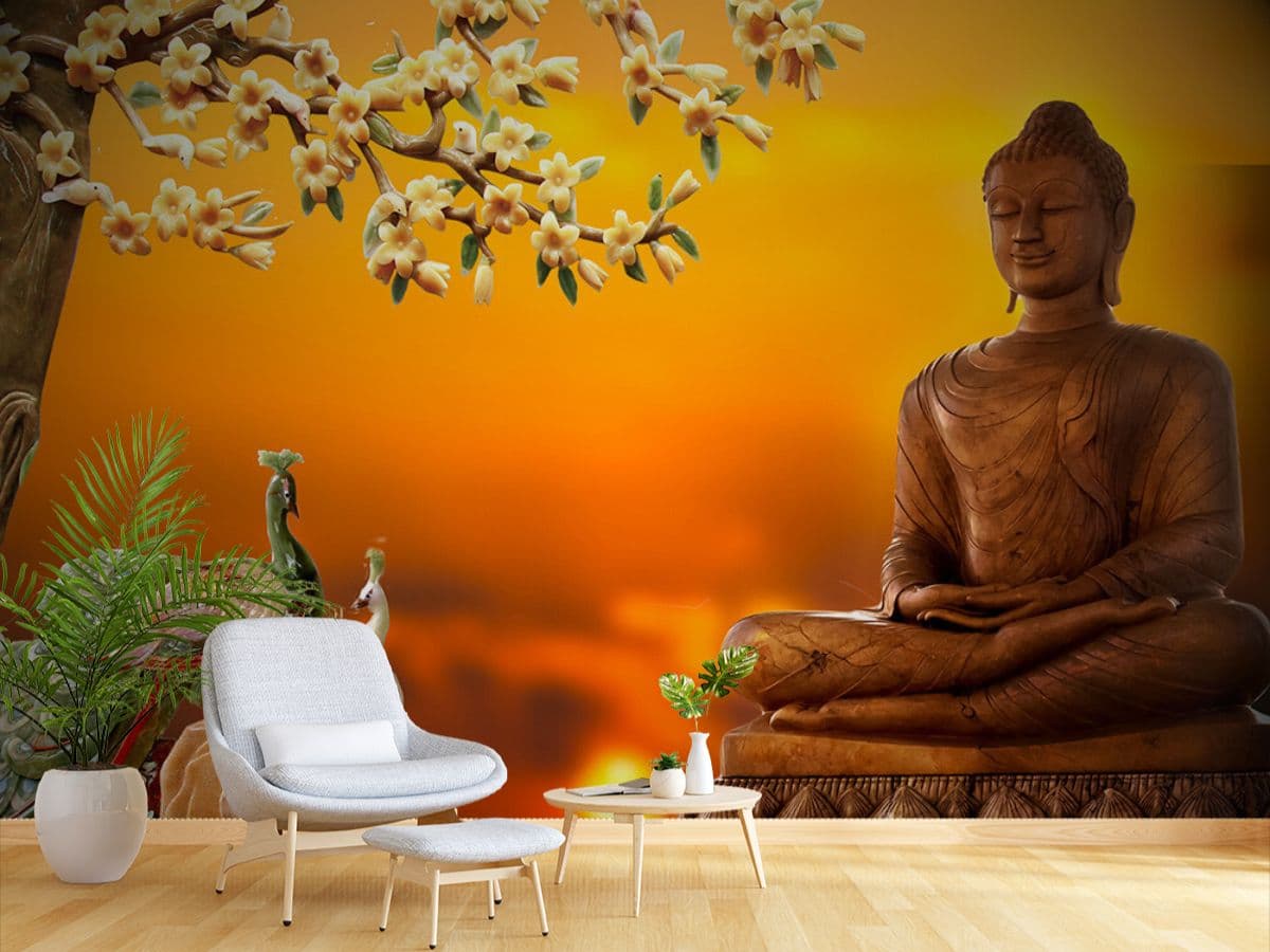 Buddha and Peacocks Spiritual Wall Mural Wallpaper shown in a room