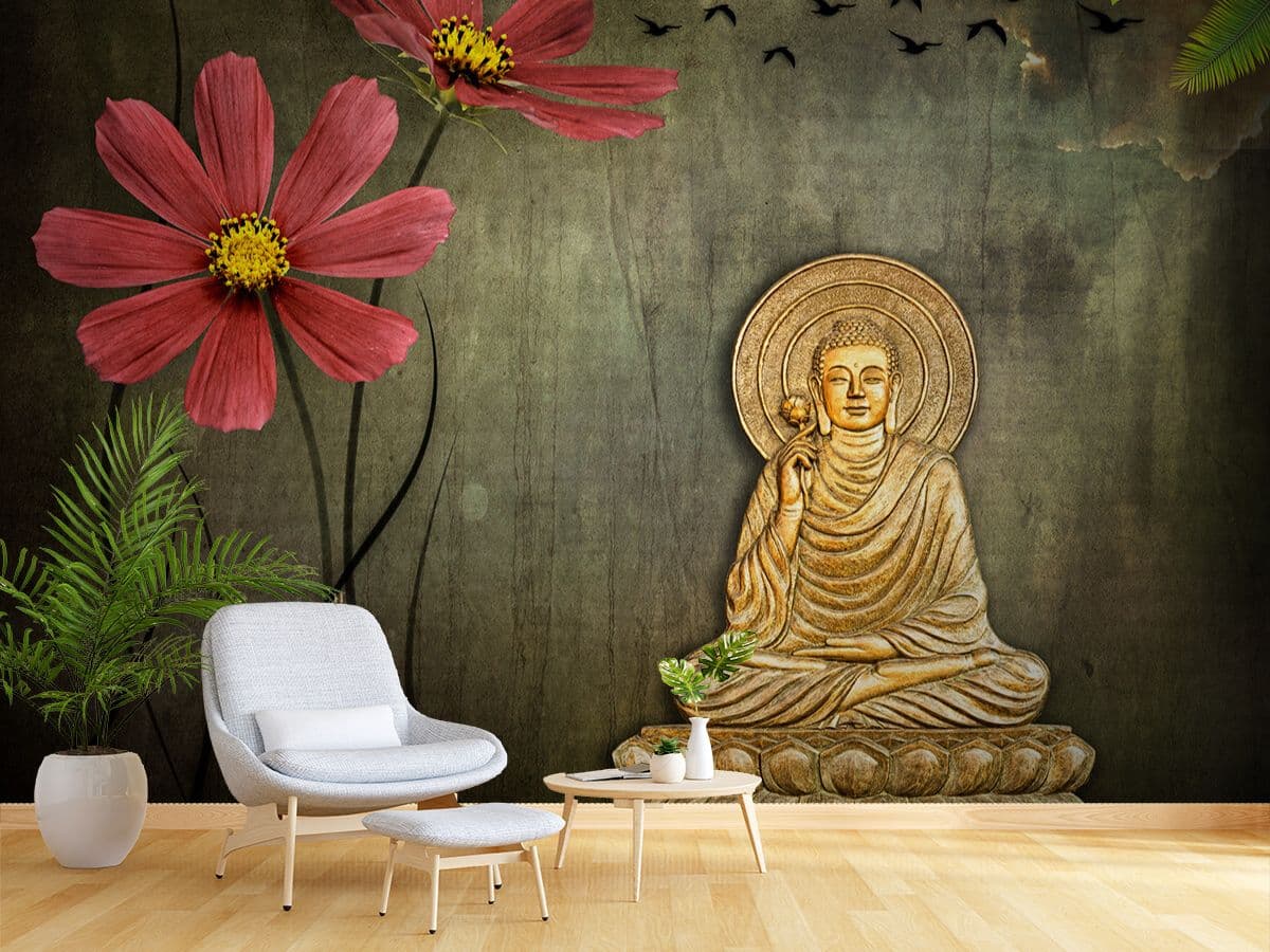 Modern Spiritual Buddha Garden Scene wallpaper shown in a room