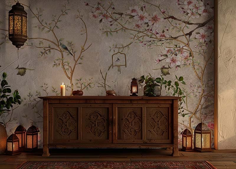 Vintage Blossom Branches Nature Art Wallpaper shown in a room