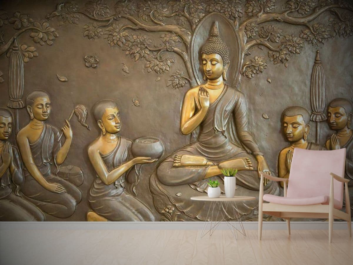 Gautam Buddha Blessing wall Mural Sculpture shown in a room