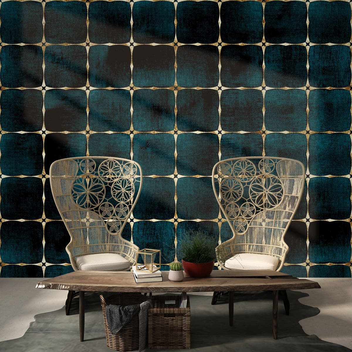 Blue Checkered Pattern Guest Room Wallpaper shown in a room