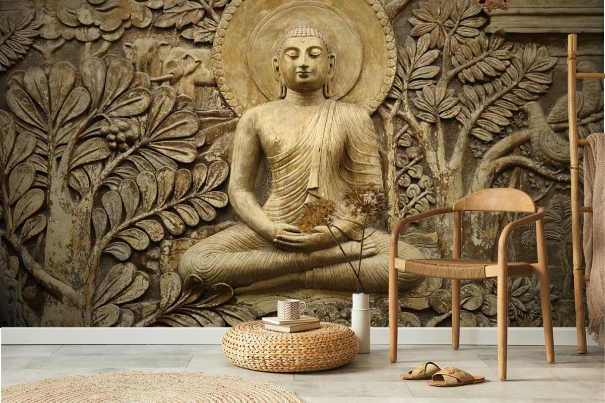 Brown stone Sculpture for Buddha Mural in Lotus Position, Buddha Wallpaper shown in a room