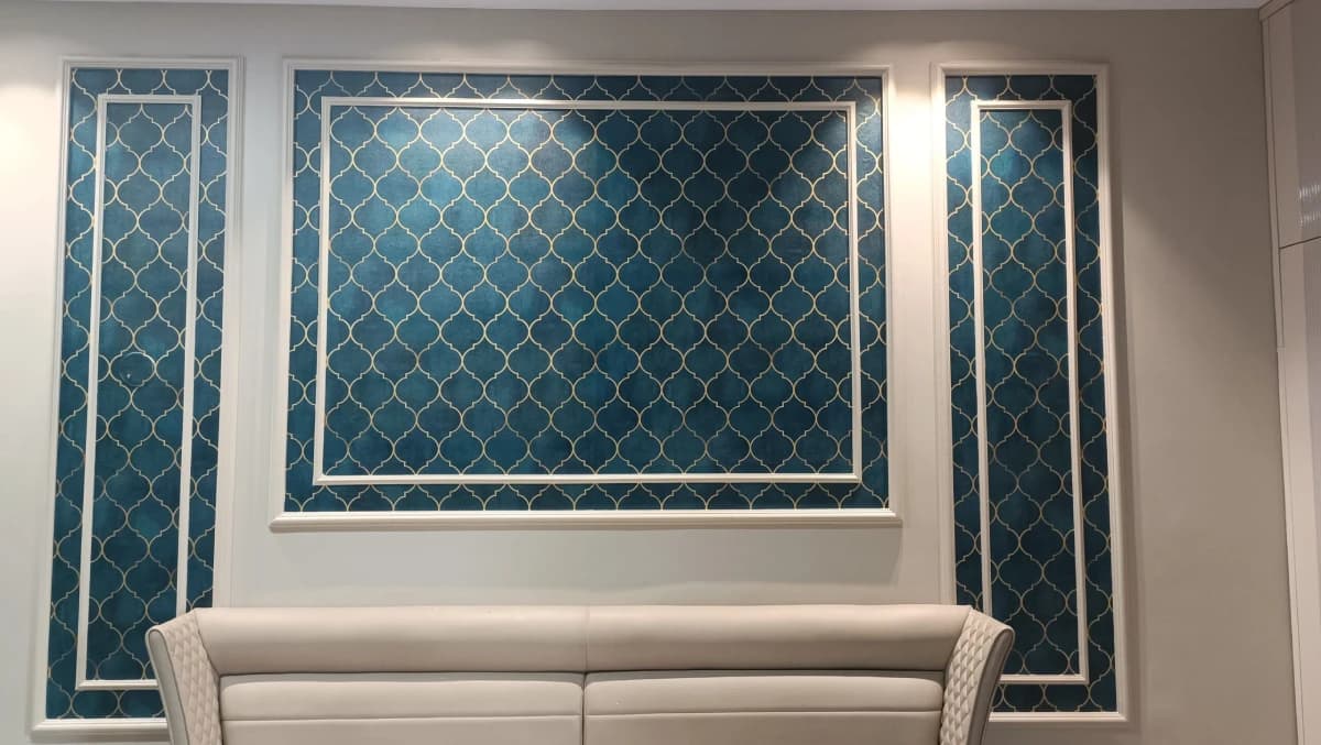 Azure Lattice Royale Wallpaper Mural shown in a room