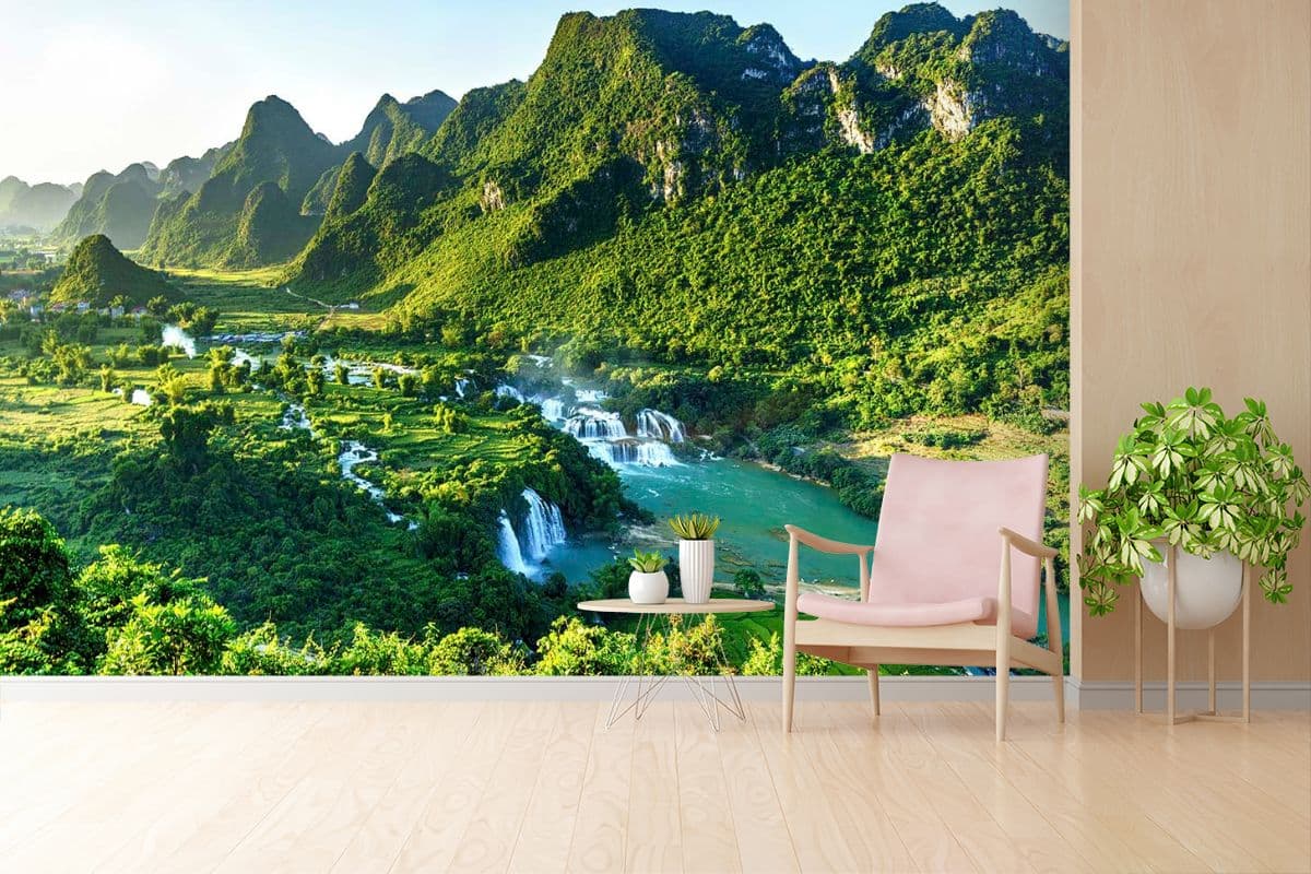 Waterfall Landscape with Hills for Home Wallpaper shown in a room