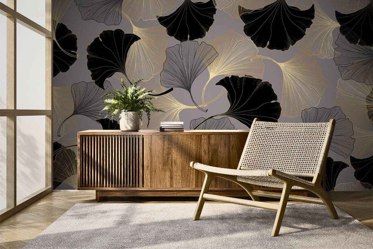 Luxurious Black and Bold Leaves Wallpaper shown in a room