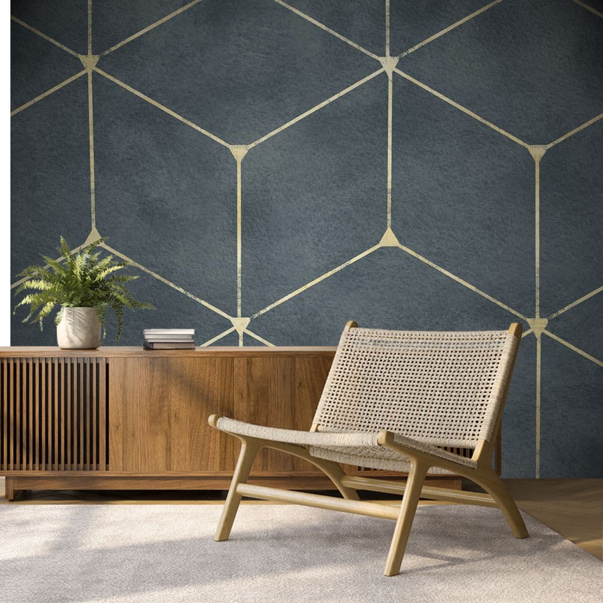 Blue Geometric Pattern Wallpaper, Wallpaper for Drawing Room shown in a room