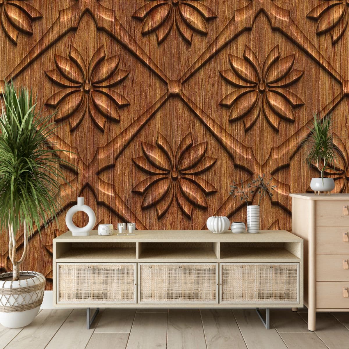Vintage Wood Carving Pattern Texture Style wallpaper shown in a room