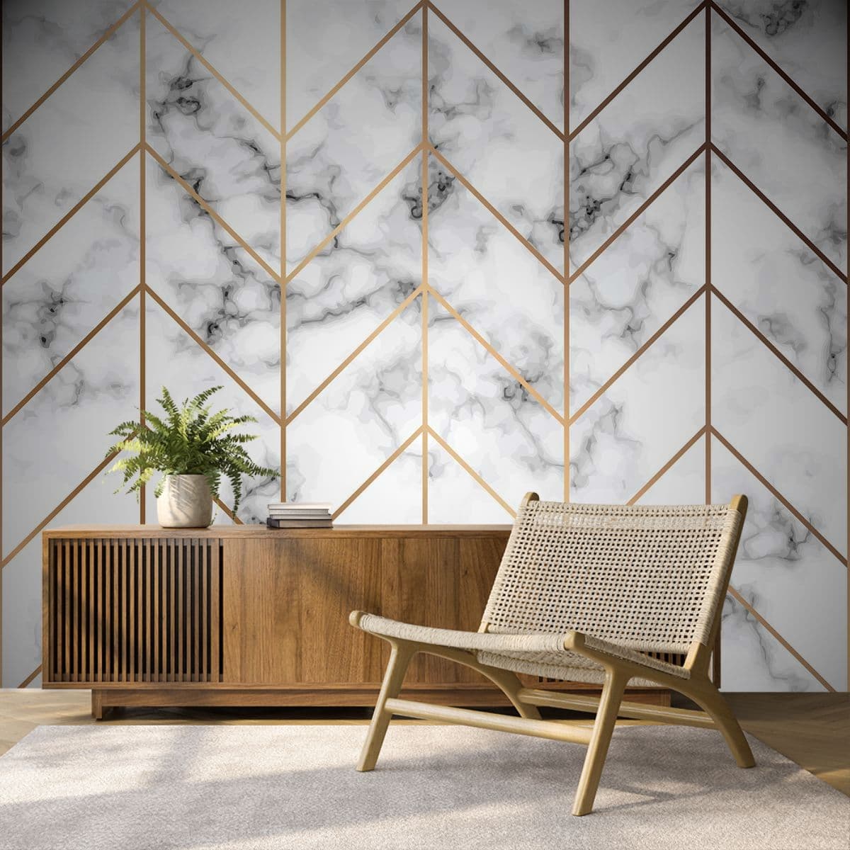 Elegant Marble and Gold Abstract Luxury Pattern wallpaper shown in a room