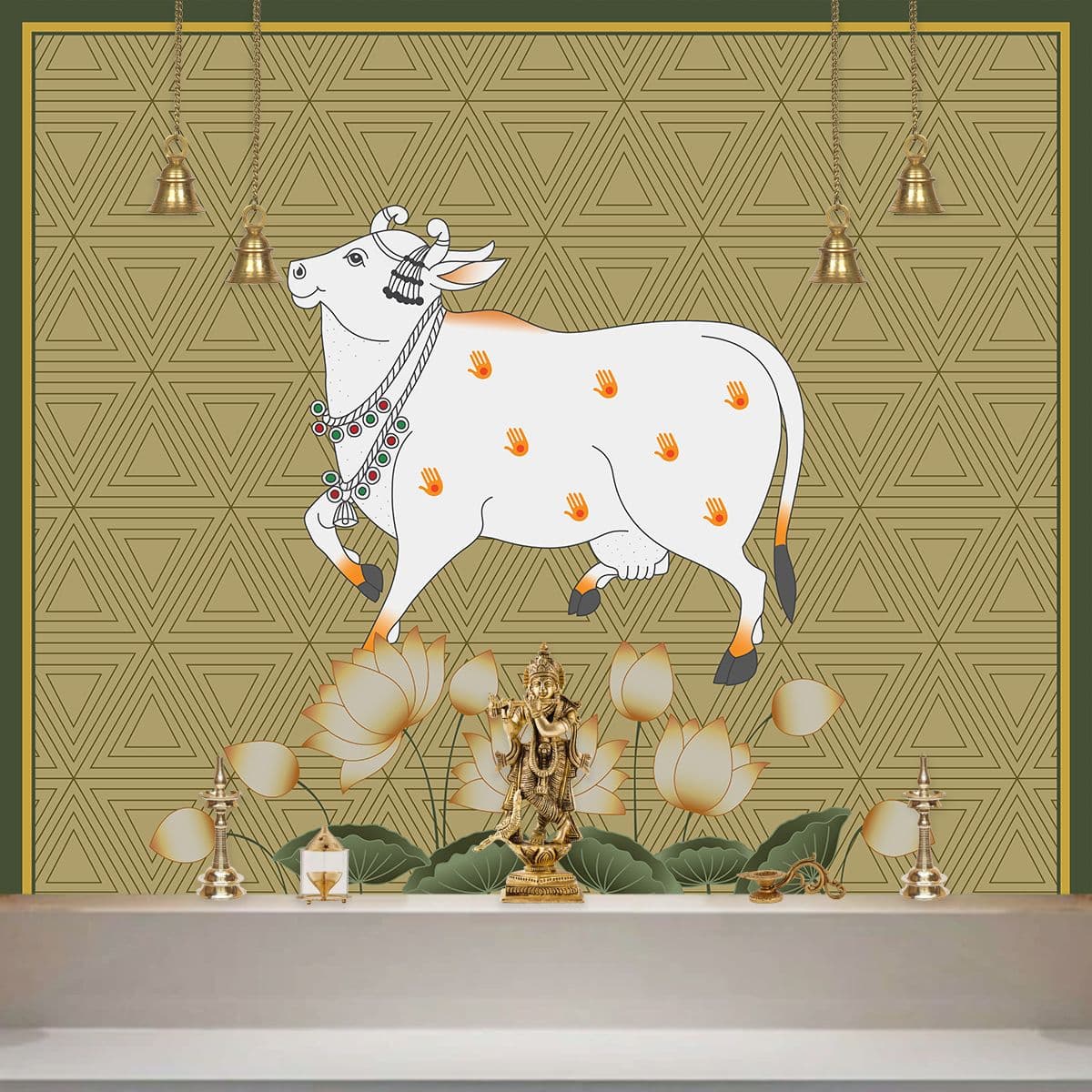 Flowers and Cow Pichwai Wallpaper for Wall shown in a room