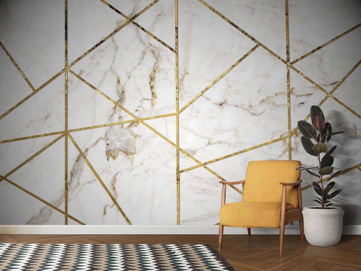 Premium White Marble Gold Vein Decorative Wallpaper shown in a room