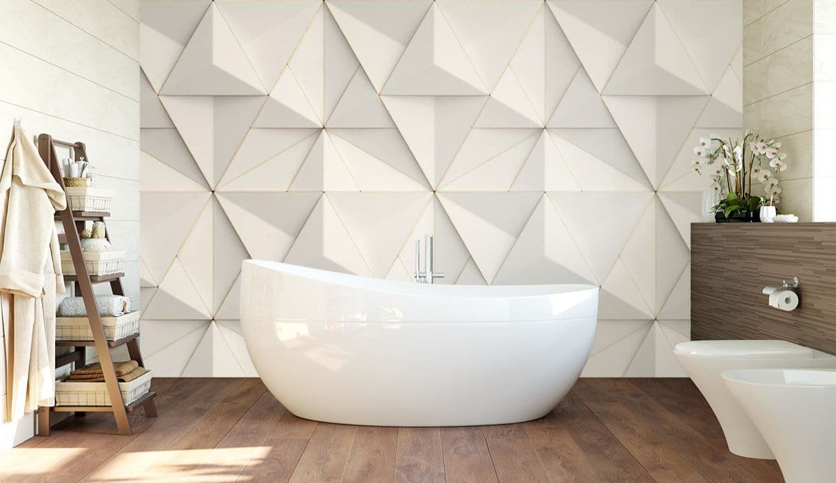 3D Bathroom Wallpaper - White Pyramids shown in a room