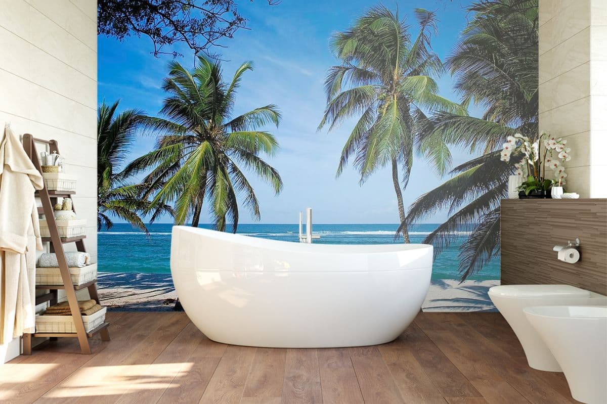 Aesthetic Palm Trees Ocean View Beach Wallpaper shown in a room