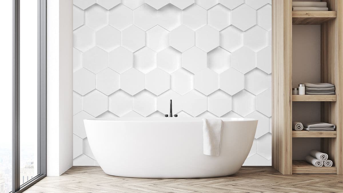 3D Bathroom Wallpaper - White Hexagons shown in a room