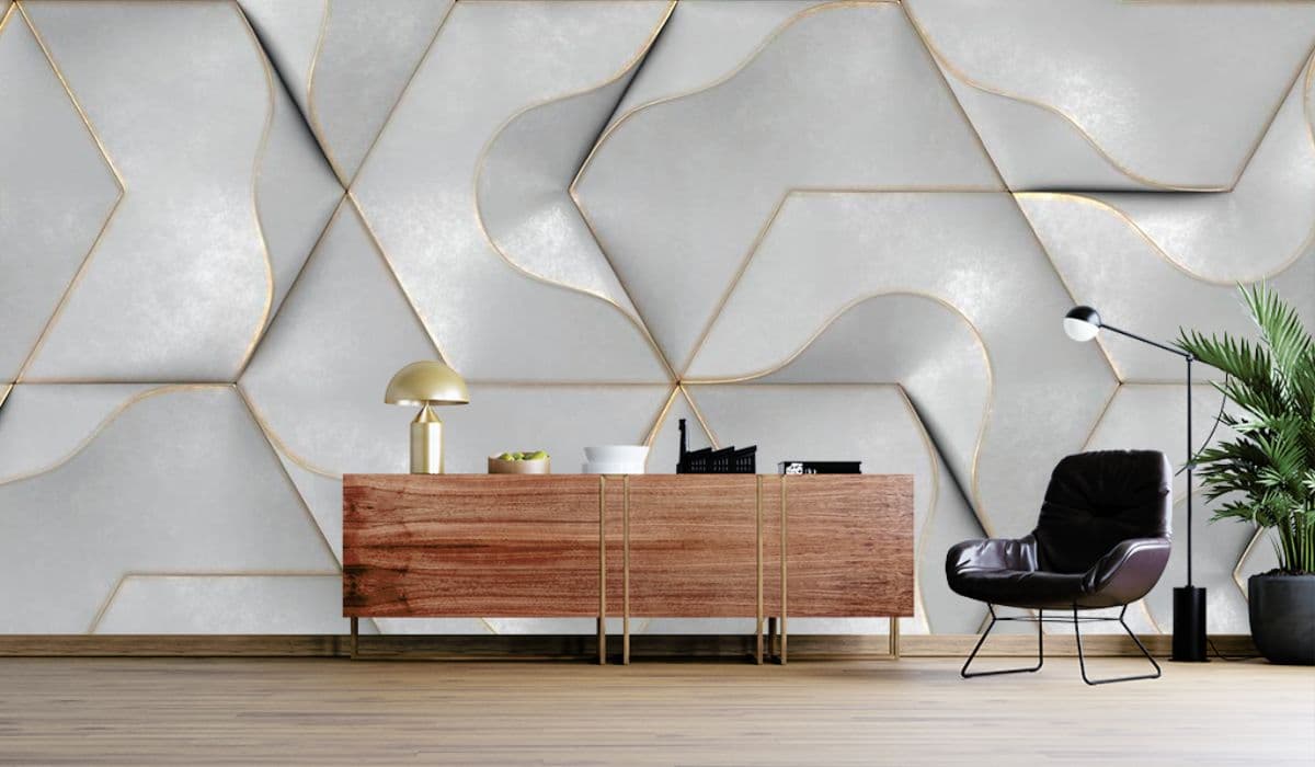 3D White and Gold Wallpaper for Living Room shown in a room