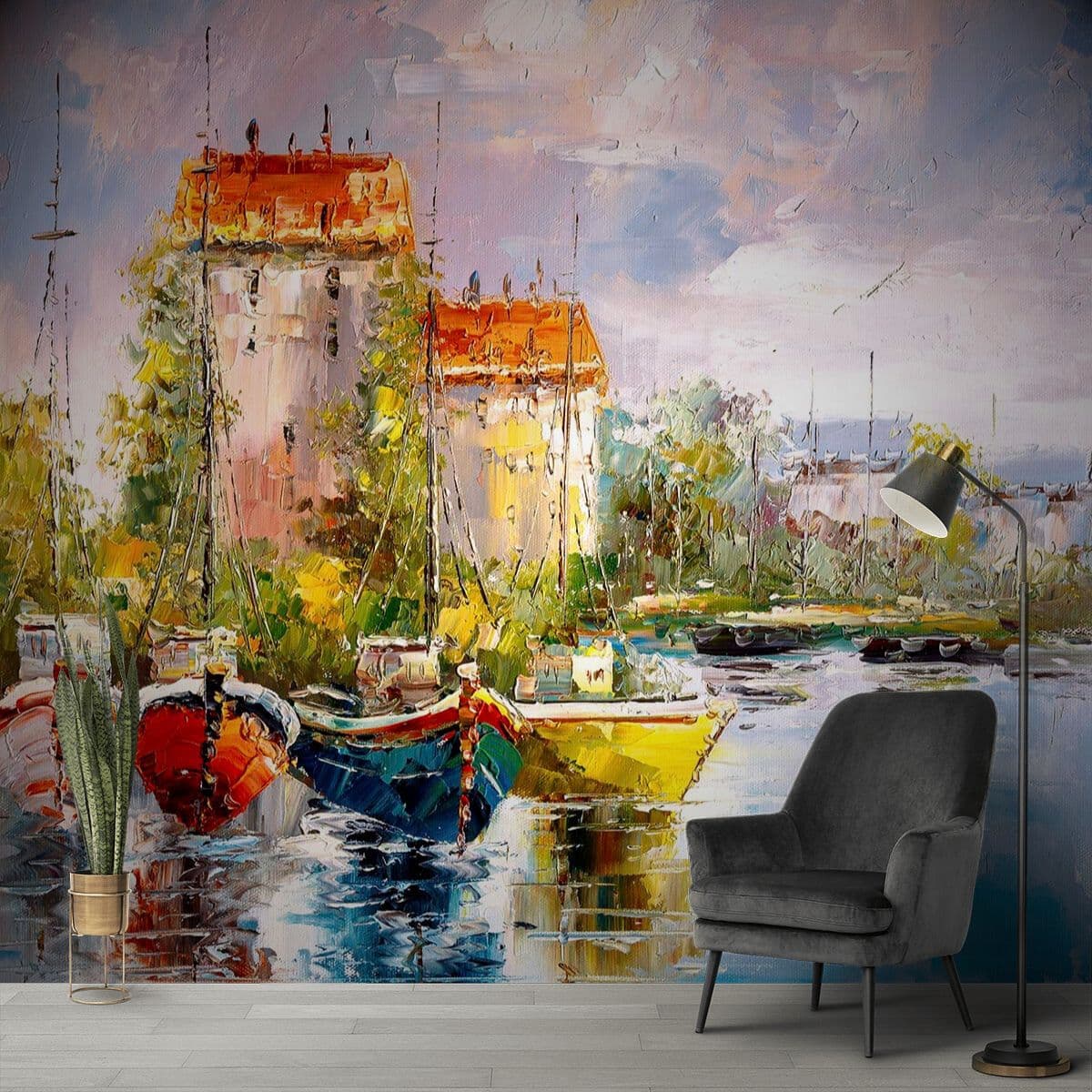 Painting of Boats on Water Coastal Art Wallpaper shown in a room