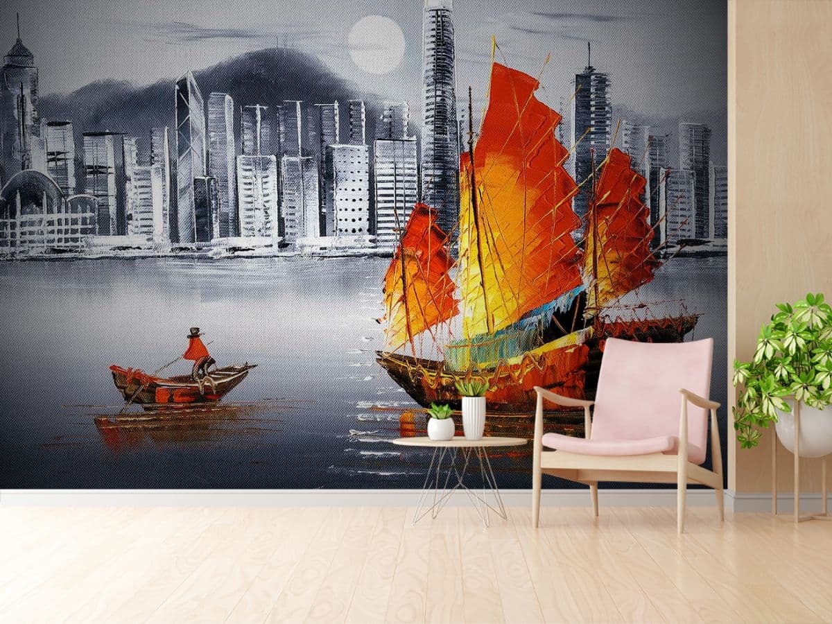 Modern Skyline with Traditional Boat Art Wallpaper shown in a room