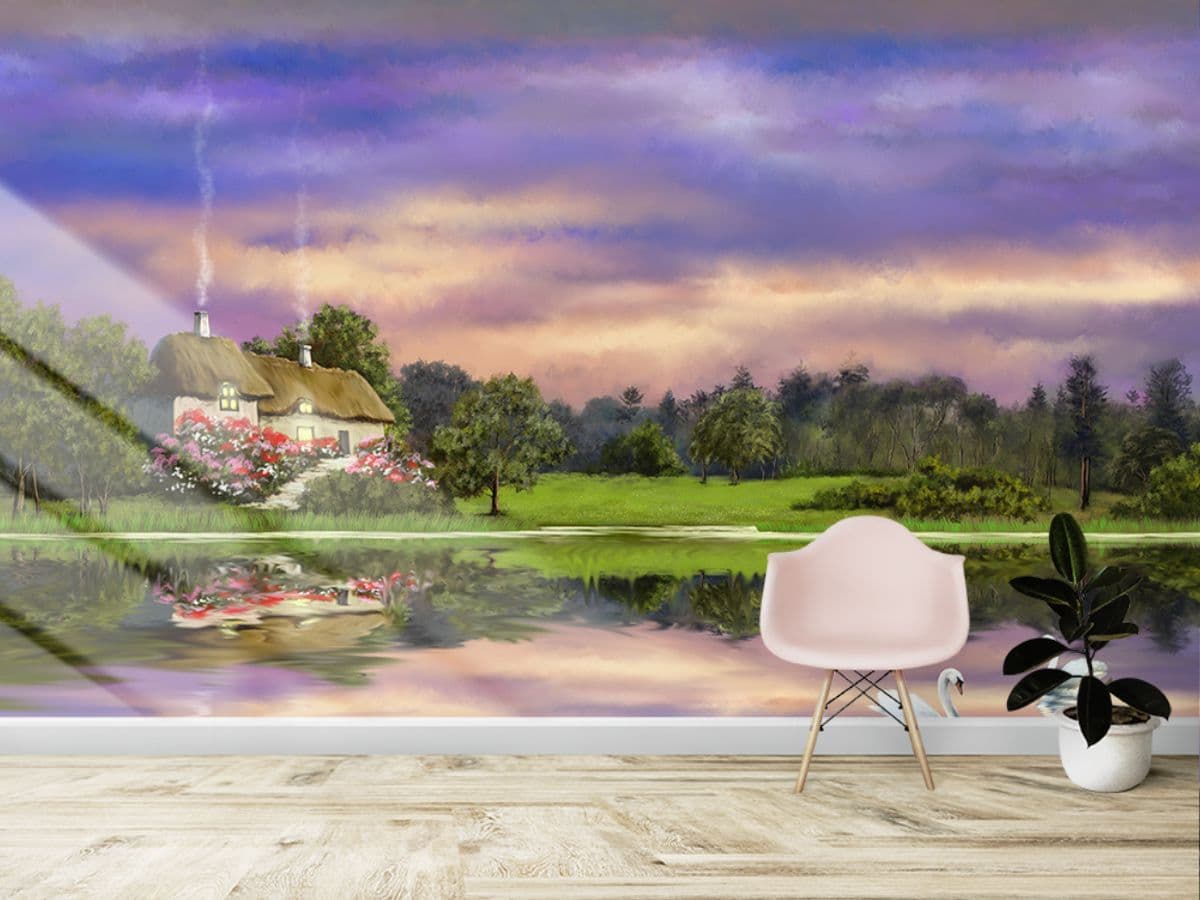 Bedroom Painting Wall Mural with Swans shown in a room