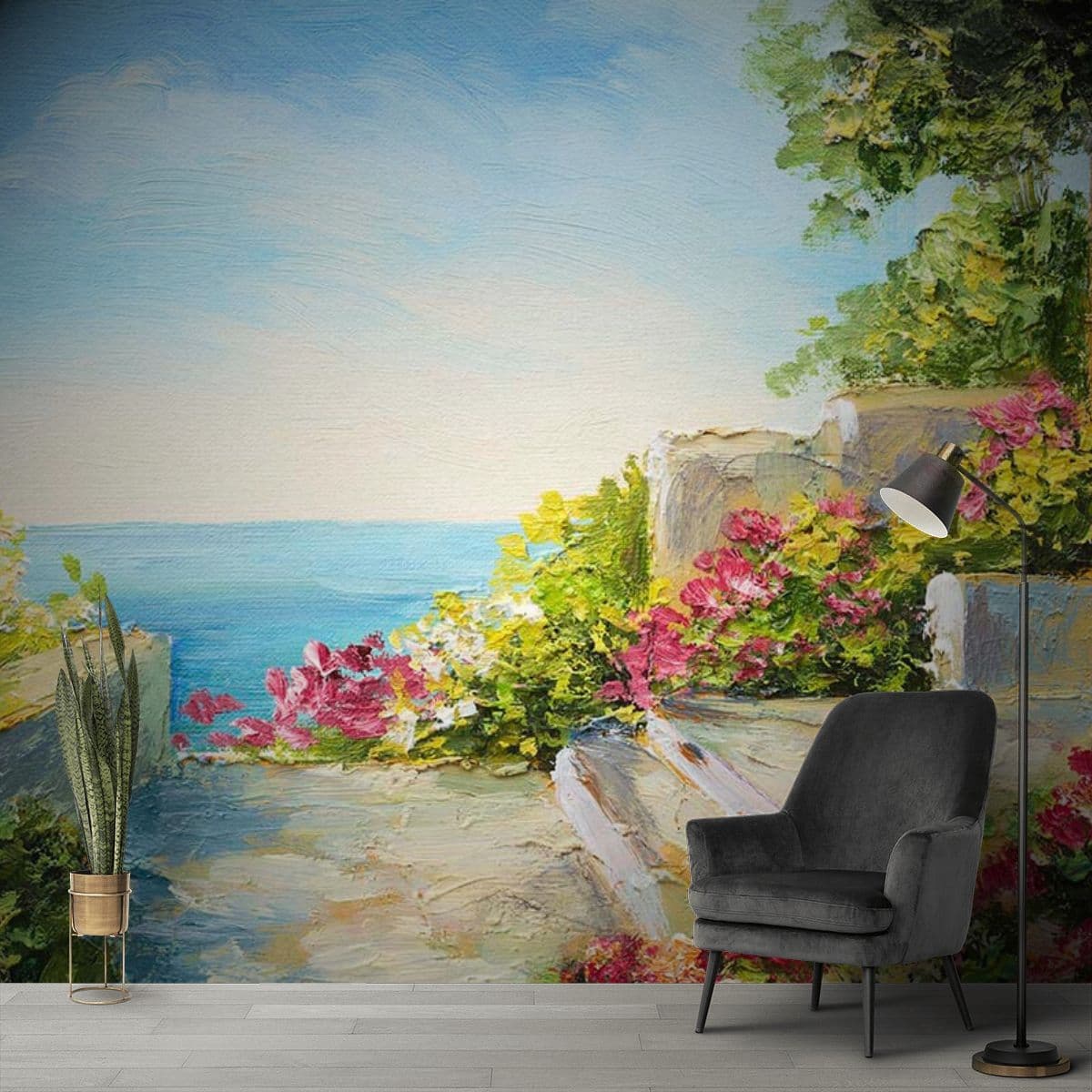 Pastel Dreams Wallpaper for Bedroom A painting of a garden with flowers shown in a room