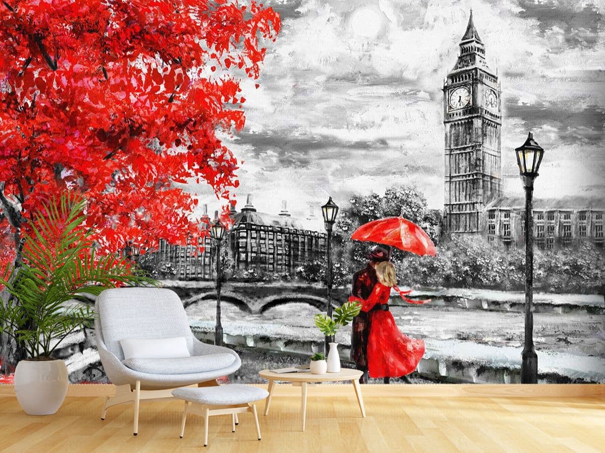 London Themed Wallpaper for Bedroom shown in a room