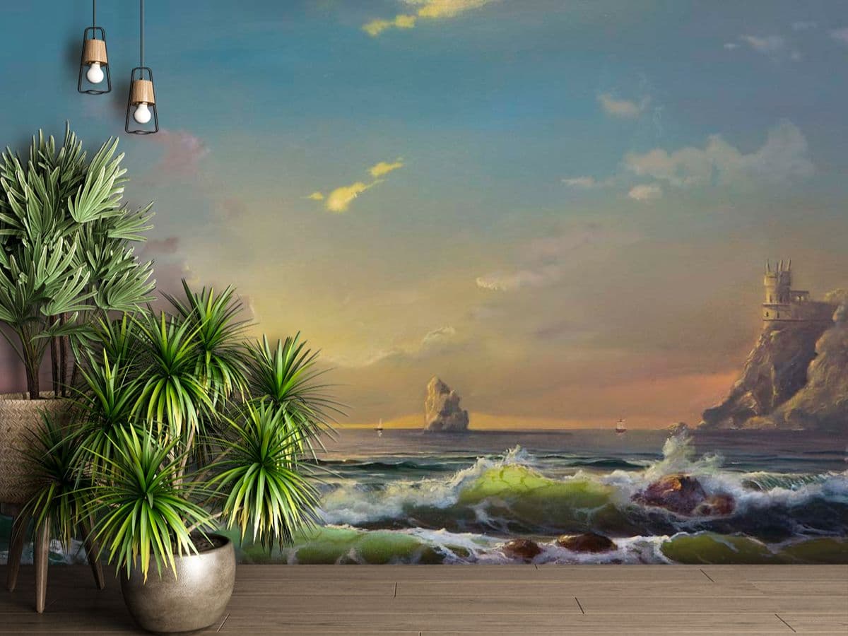 Sailboat in the Ocean Scenic Painting Wall Mural Wallpaper shown in a room