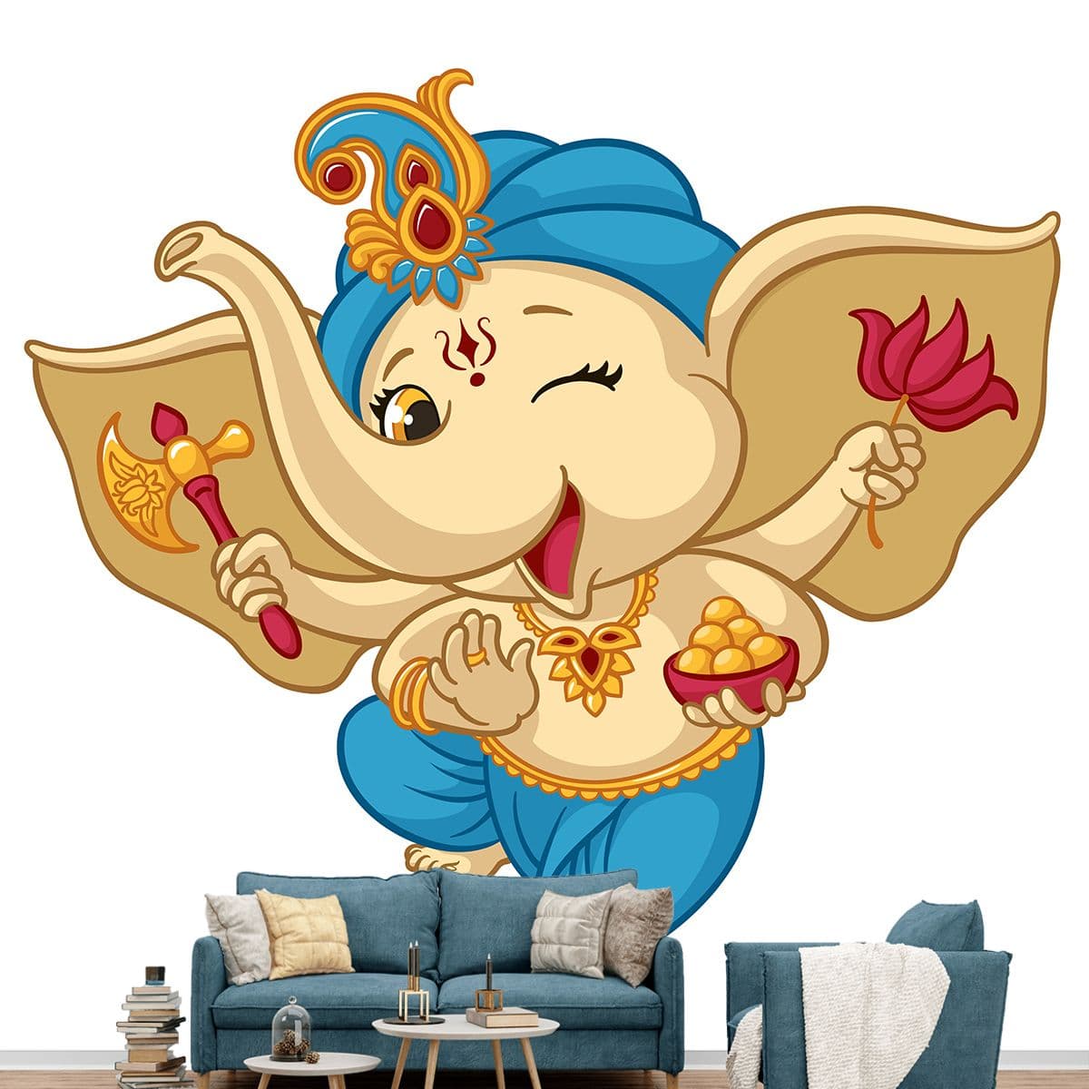 Cute Smiling Ganesha Cartoon Wallpaper shown in a room