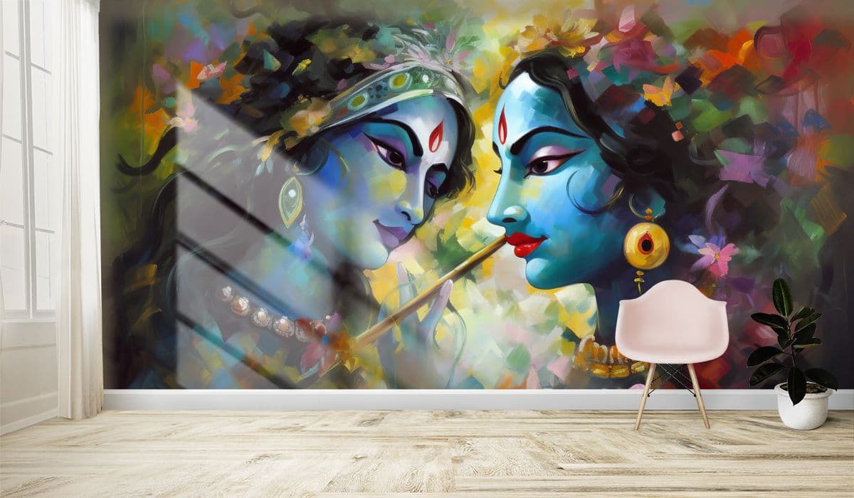 Radha Krishna Wallpaper for Wall Painting Style shown in a room