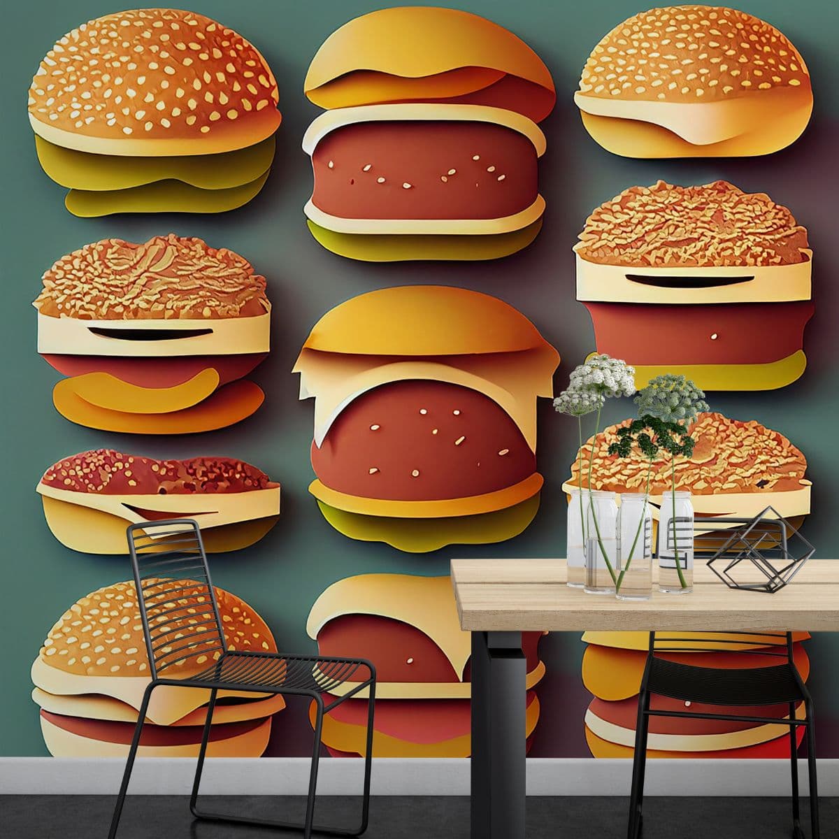 3D Burger Wallpaper for Restaurant shown in a room