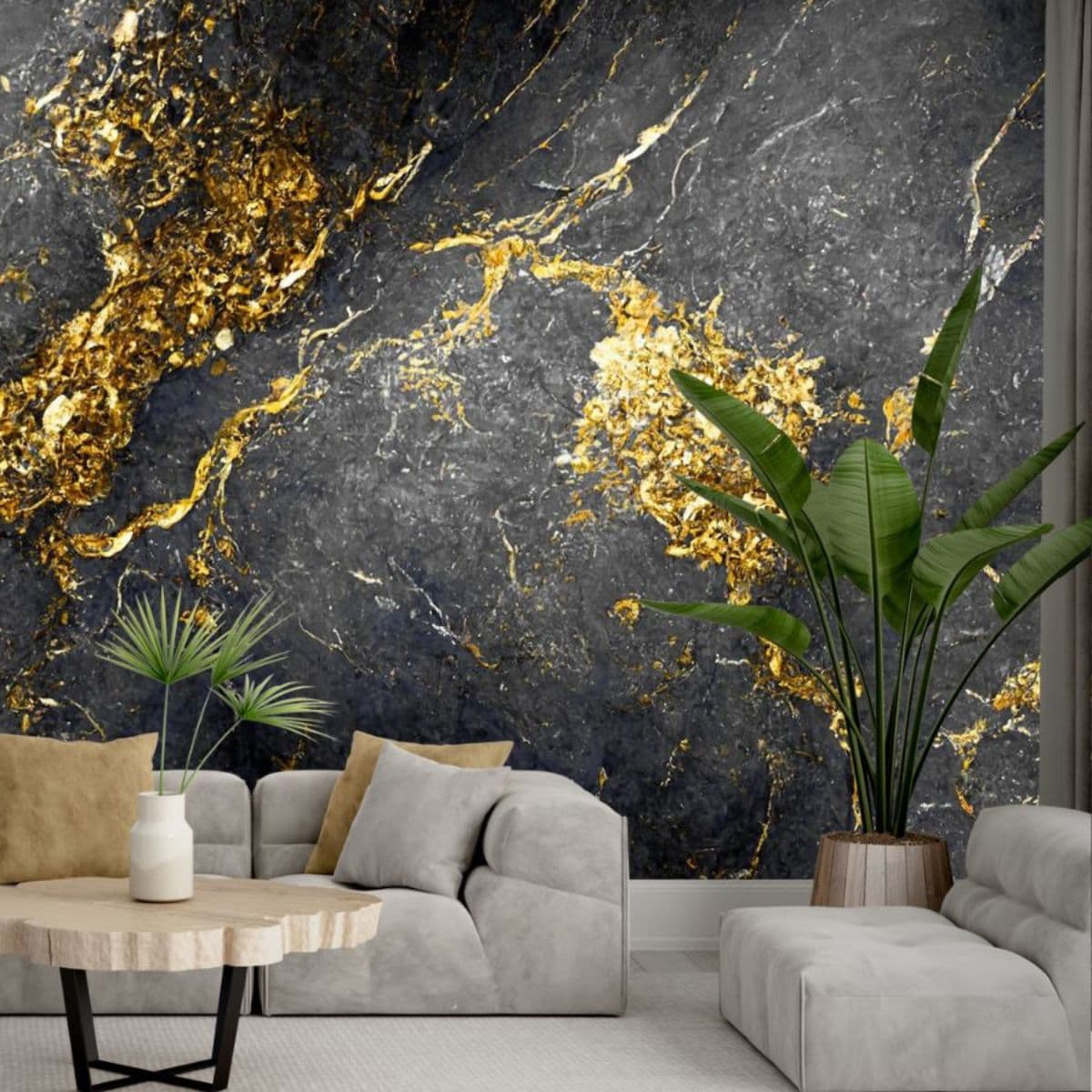 Black and Gold Luxurious Marble Wallpaper shown in a room