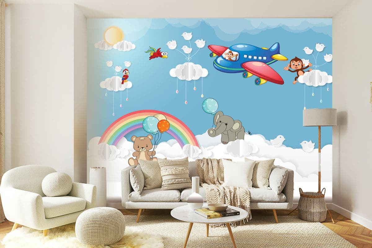 A Blue Nursery Wallpaper for Kids shown in a room