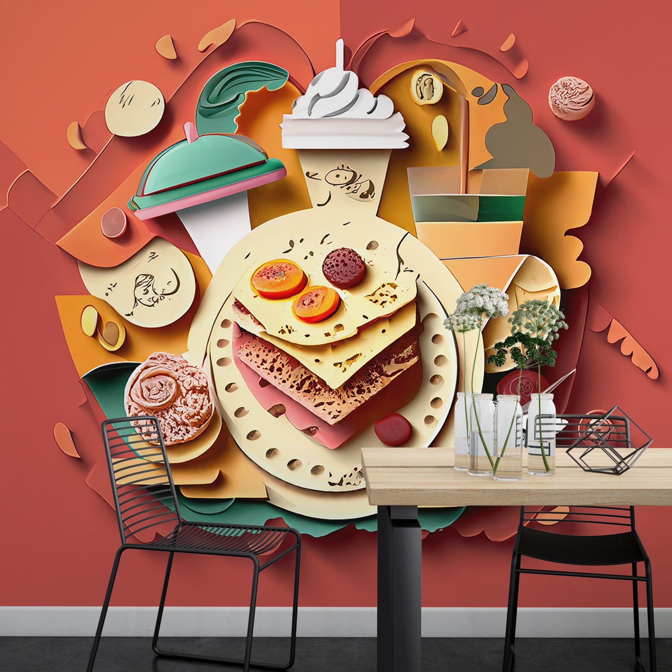 3D Sandwich Wallpaper for Restaurant shown in a room