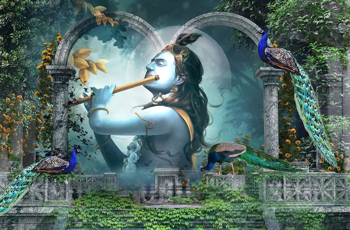 Elegant Lord Krishna Wall Art Living Room Wallpaper pattern detail