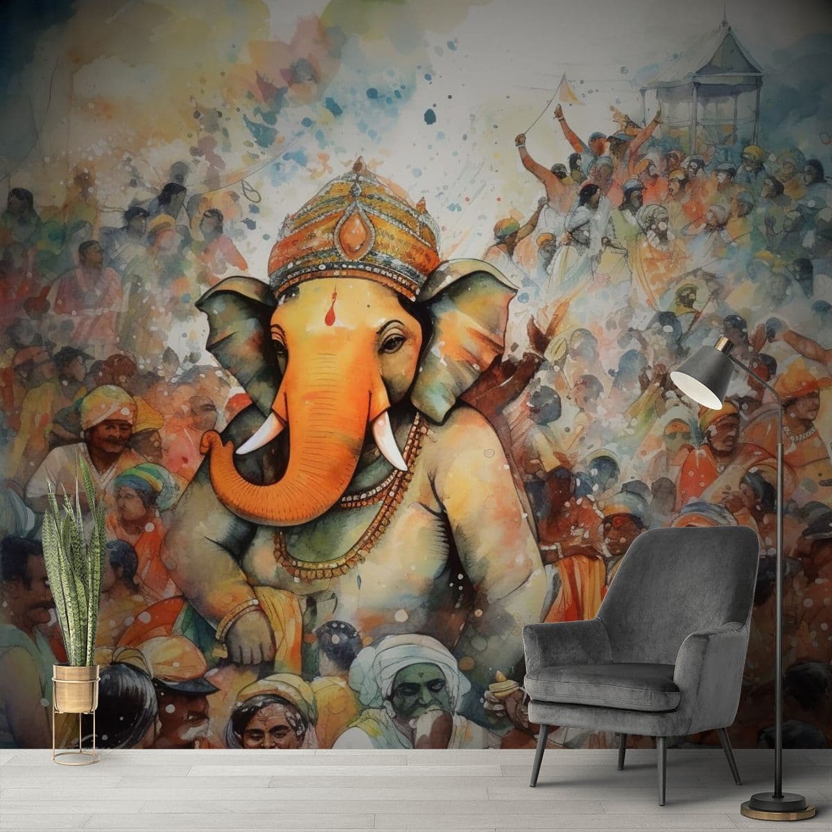 Simple Ganpati Mural Painting Wallpaper shown in a room