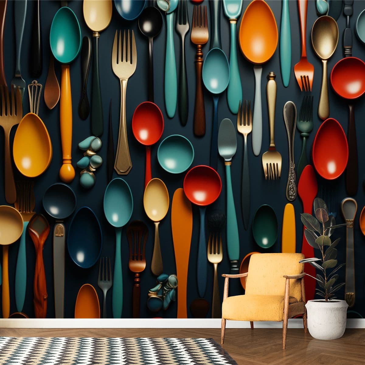Spoon Themed 3d Wallpaper for Restaurant shown in a room