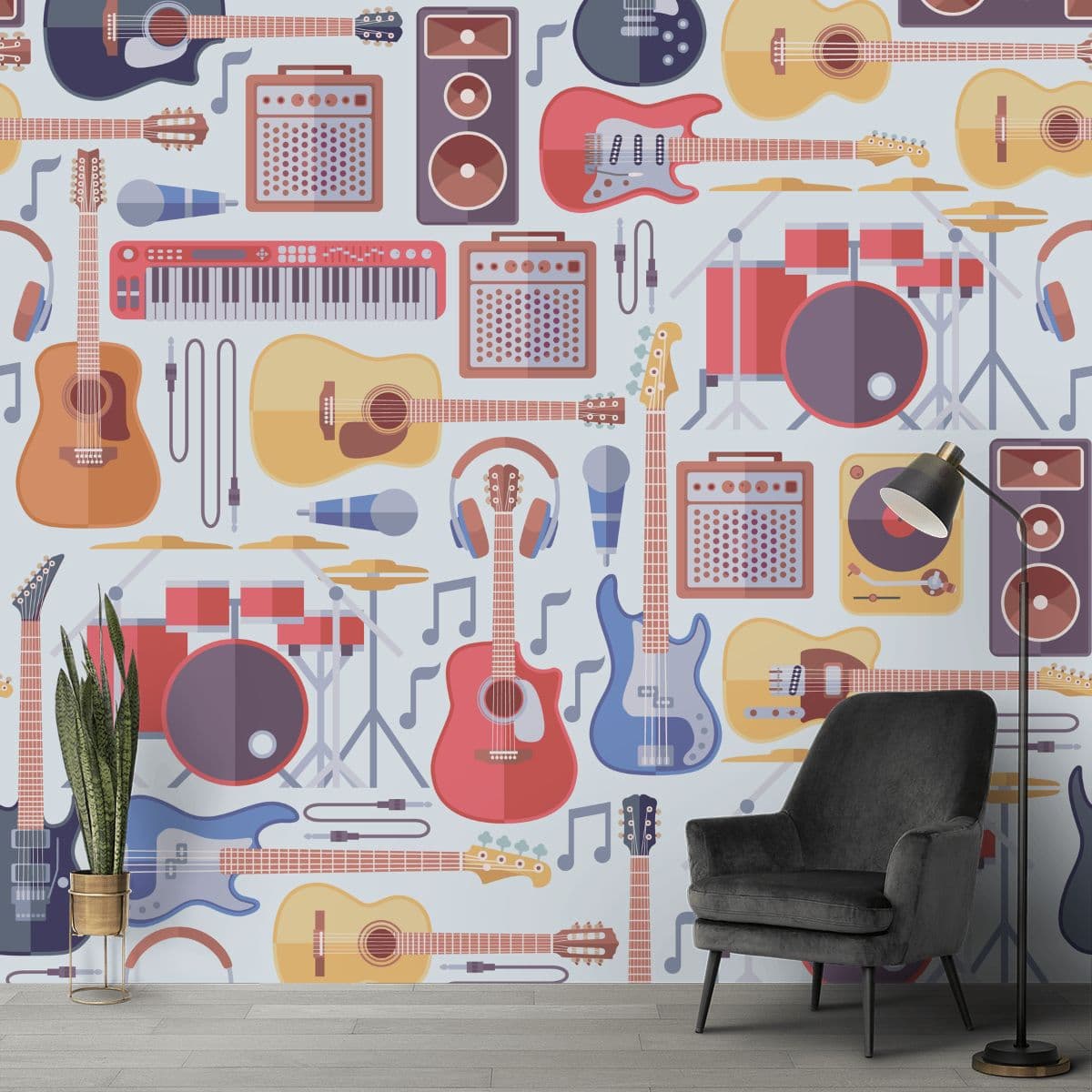Musical Instruments, Music Themed Wallpaper shown in a room