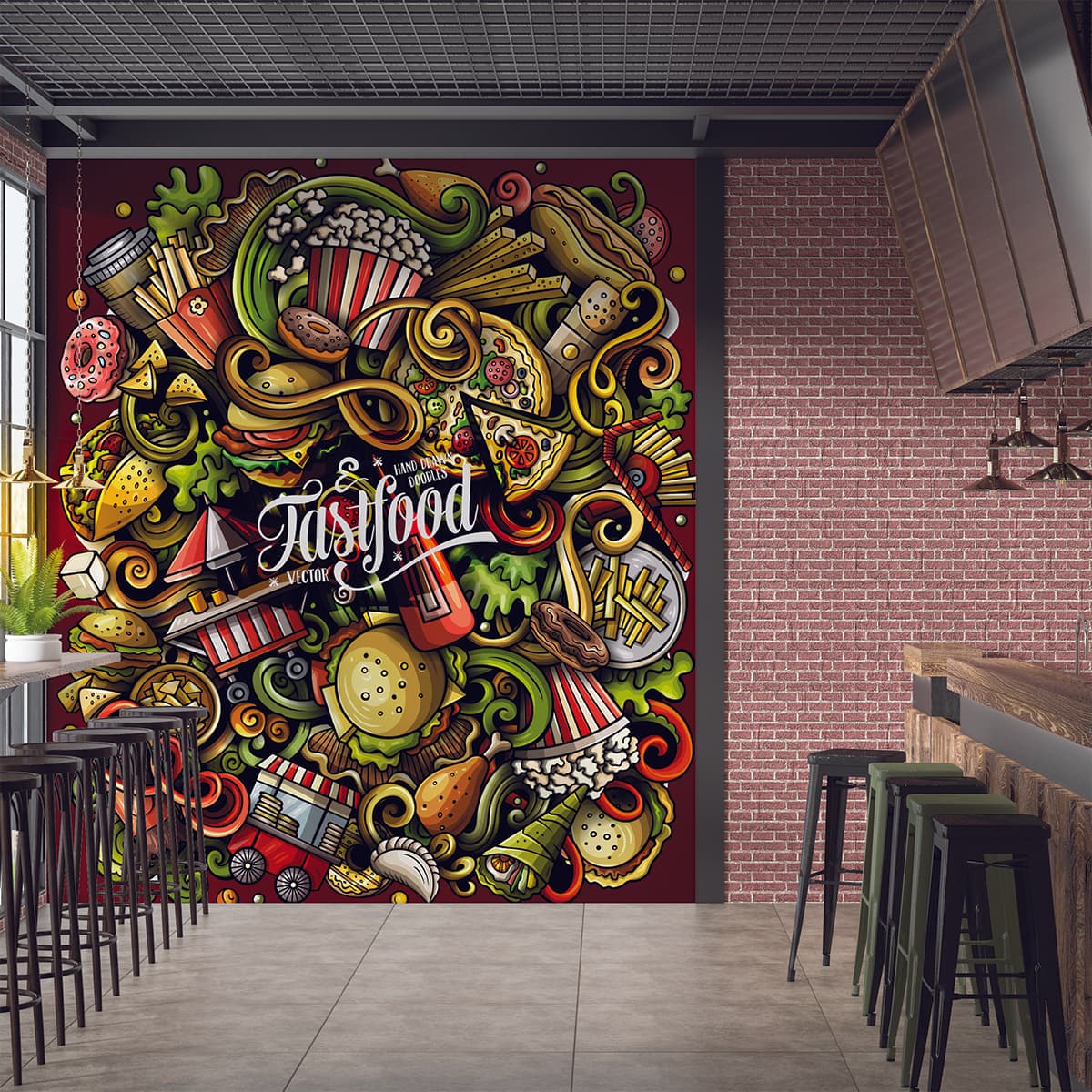 Fast food Restaurant Wallpaper for Walls shown in a room
