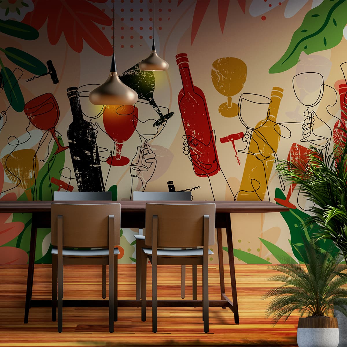 Vintessa, Artistic Wine & Botanical Celebration Wallpaper shown in a room