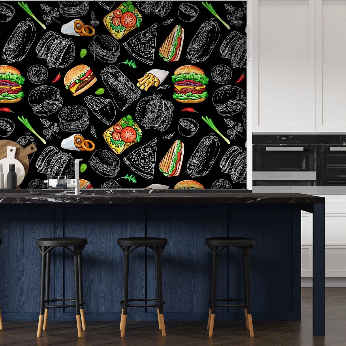Stylish Cafe and Kitchen Scene wallpaper shown in a room