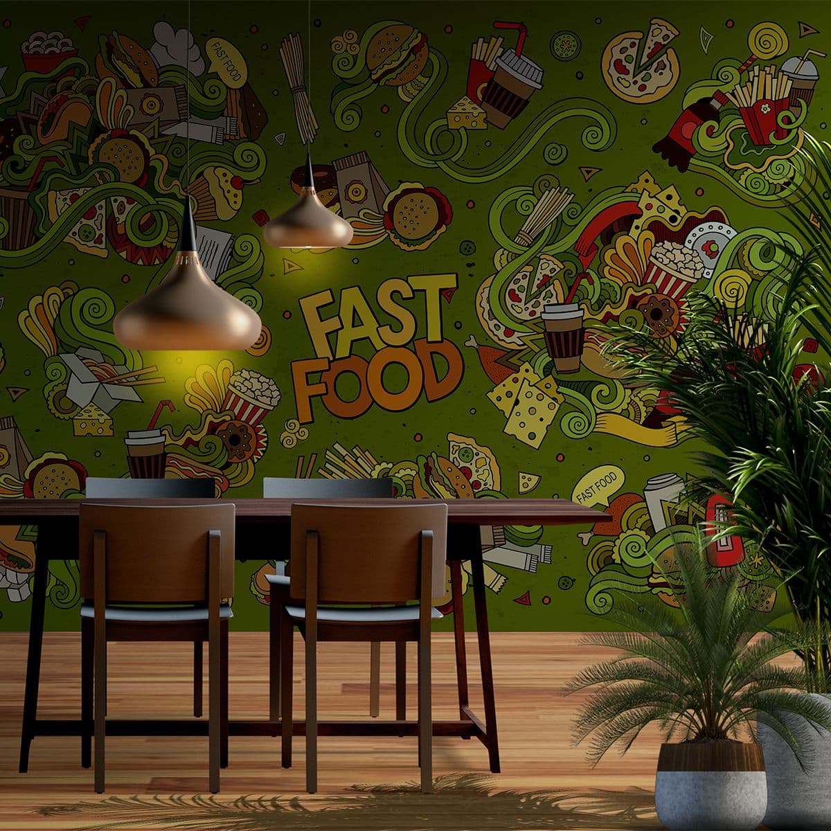 Modern Fast Food Restaurant Wall Background wallpaper shown in a room
