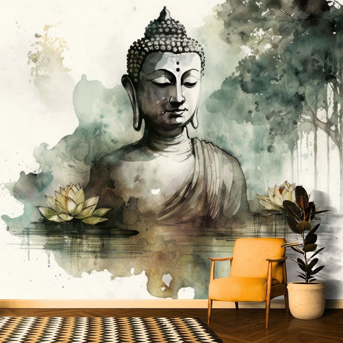 Gautam Buddha Painting Wallpaper shown in a room