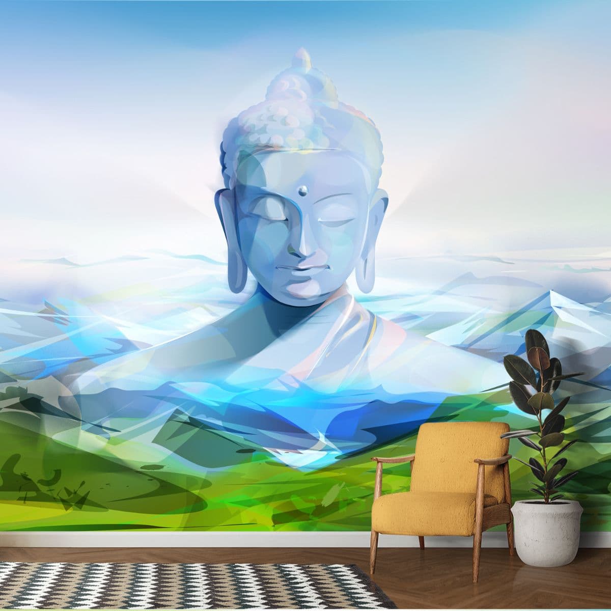 Buddha Wallpaper with Mountain shown in a room