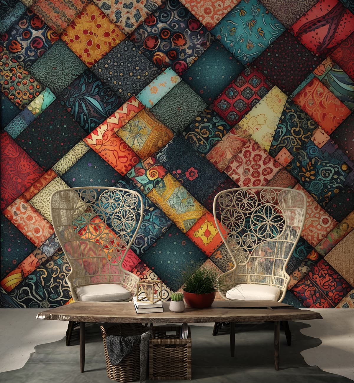 Ethnic Patchwork Mural Wallpaper shown in a room