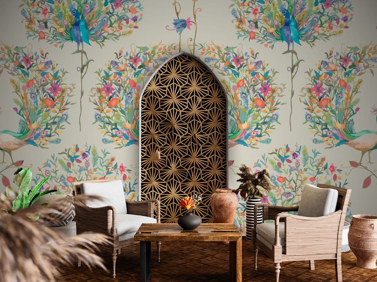 Peacock Rajasthani Wallpaper Mural shown in a room